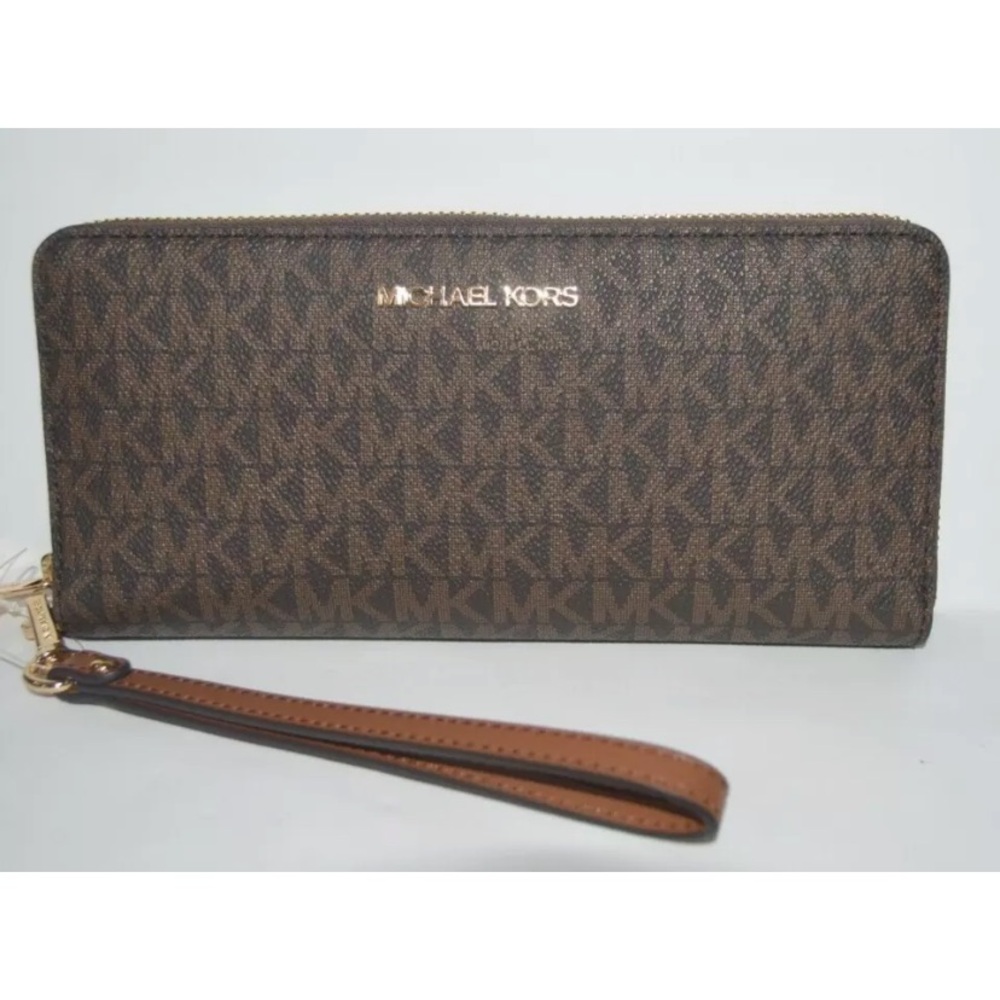 Michael Kors Jet Set travel large continental leather wallet brown MK logo